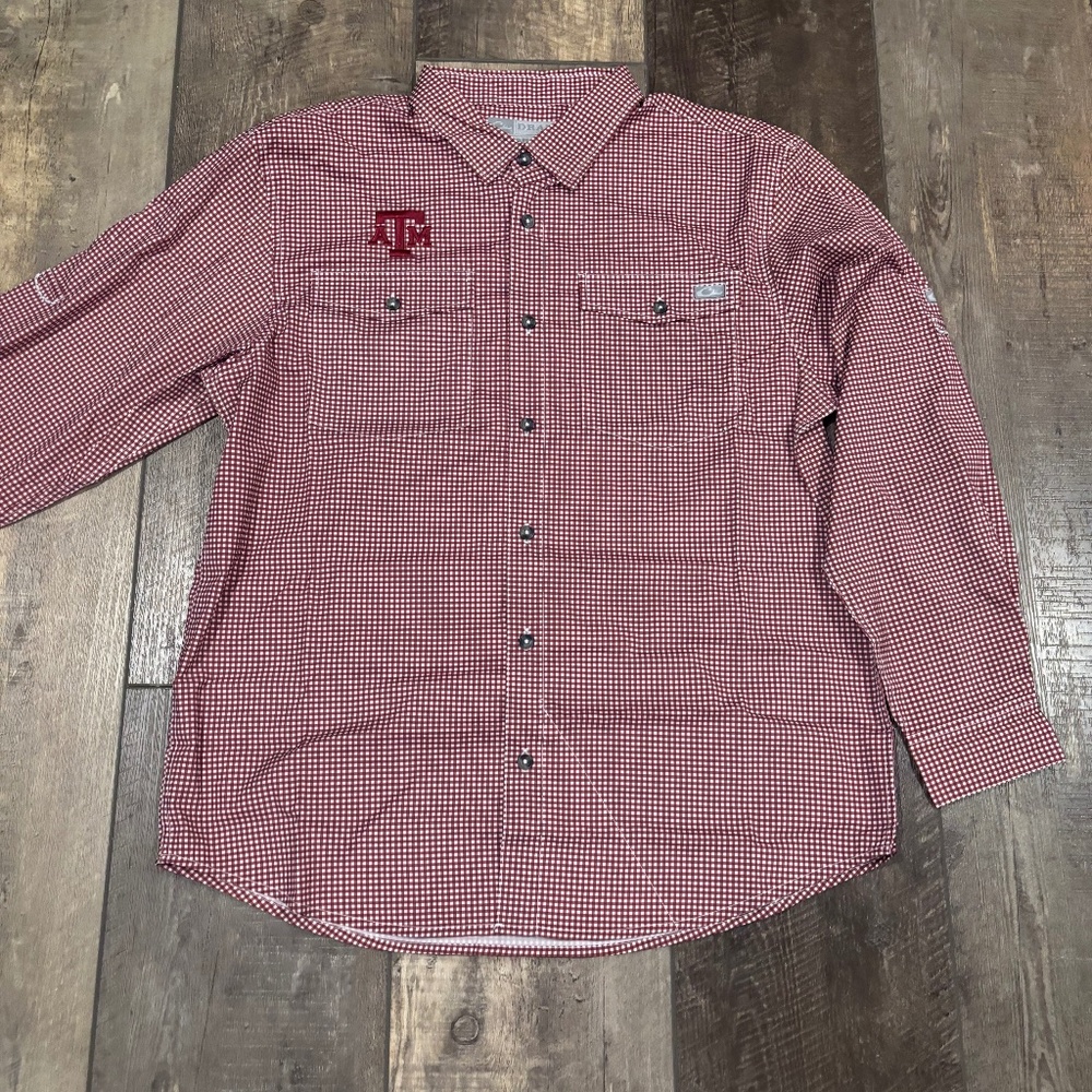Texas A&M Drake Large Gingham Maroon Long-Sleeved Button Down (New with Tags)